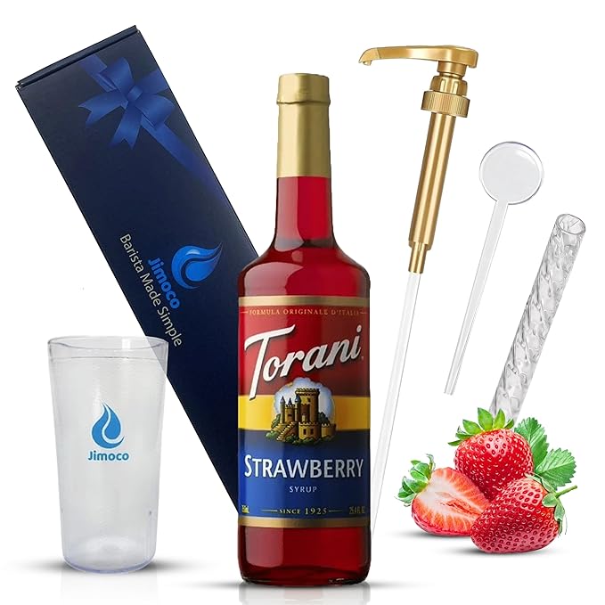 Jimoco Barista Set – Torani Strawberry Syrup 25.4 oz, Jimoco Pump, Reusable Cup, Straw & Stirrer – Coffee, Italian Soda & Cocktail Flavoring Kit