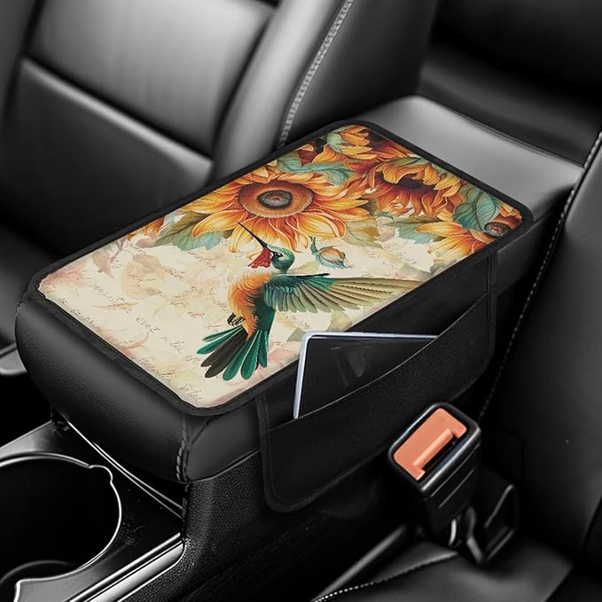 BIGCARJOB Hummingbird Print Car Armrest Box Pad with Side 2 Storage,Sunflower Print Armrest Cover for Cars Truck Cute Auto Interior Accessories Center Console Organizer Storage Box