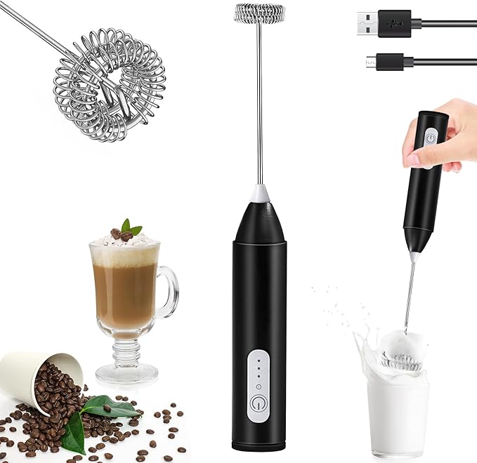Rechargeable Milk Frother, Handheld Drink Mixer Electric Foam Maker for Coffee with Stainless Steel Whisk ＆ 3 Speeds, USB-C Coffee Frother Wand for Cappuccino, Latte, Matcha, Protein Powder (Black)