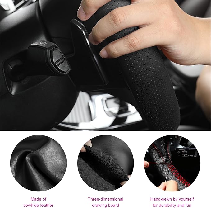 Ziciner Genuine Leather Steering Wheel Cover, Stitch on Wrap, Breathable Anti-Slip Car Steering Wheel Protector for Max Diameter 15 Inch, DIY Sewing with Needles Thread (Black/Red Line, Glossy)