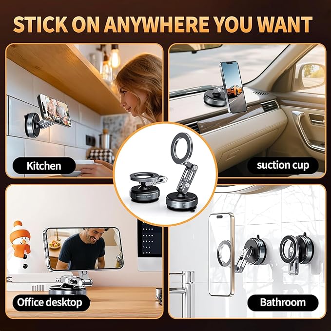 Vacuum Magnetic Car Phone Mount for MagSafe, 360° Adjustable Ball Joint, Strong Suction Cup Windshield Phone Holder with Aluminum Alloy Telescopic Arm