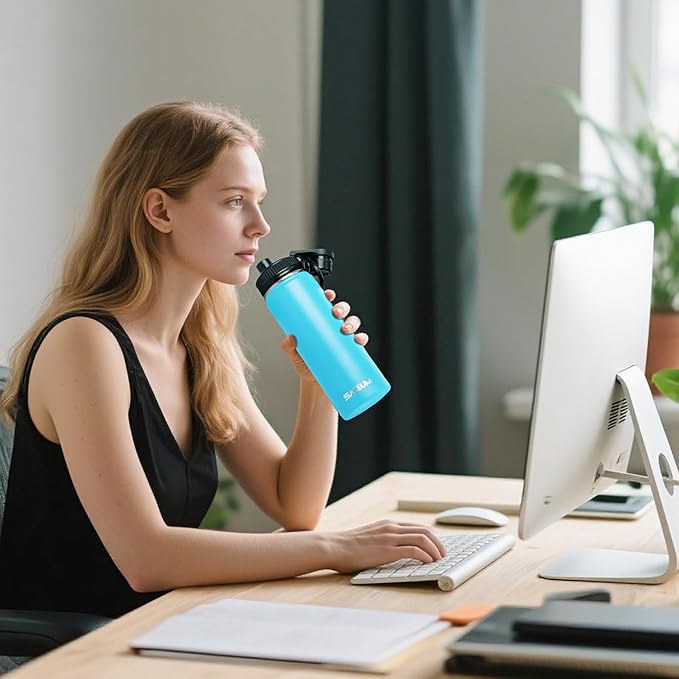SASEUM Sport Water Bottle 22oz Stainless Steel Double Wall Vacuum Thermal Mug with Leak Proof Spout Lids, Wide Mouth Metal Insulated Water Jug for Gym and Travel（Sky Blue）