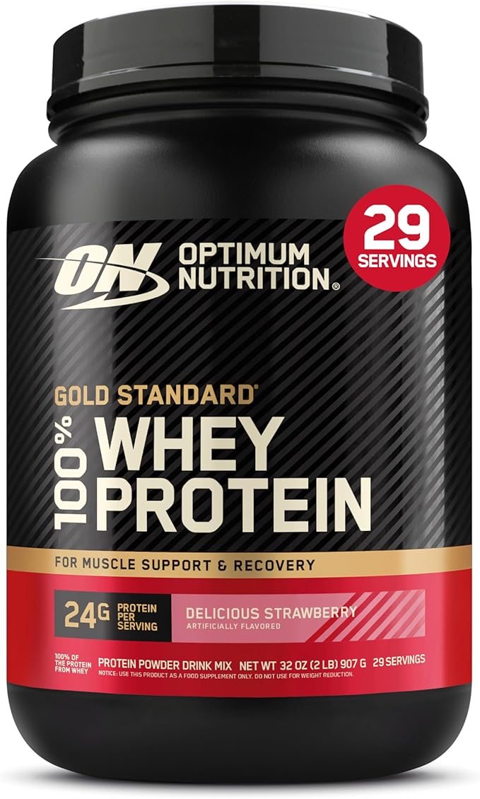 Optimum Nutrition Gold Standard 100% Whey Protein Powder, Delicious Strawberry, 2 Pound (Packaging May Vary)