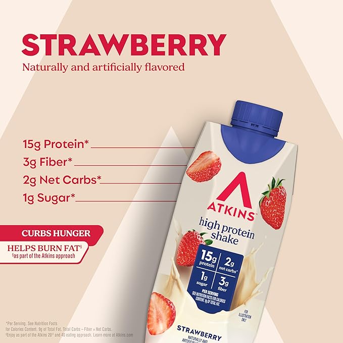 Atkins Strawberry Flavored Protein Shake,High Protein,Low Glycemic,Low Sugar and-Low Carb,Keto Friendly,Gluten Free,(Pack of 24)