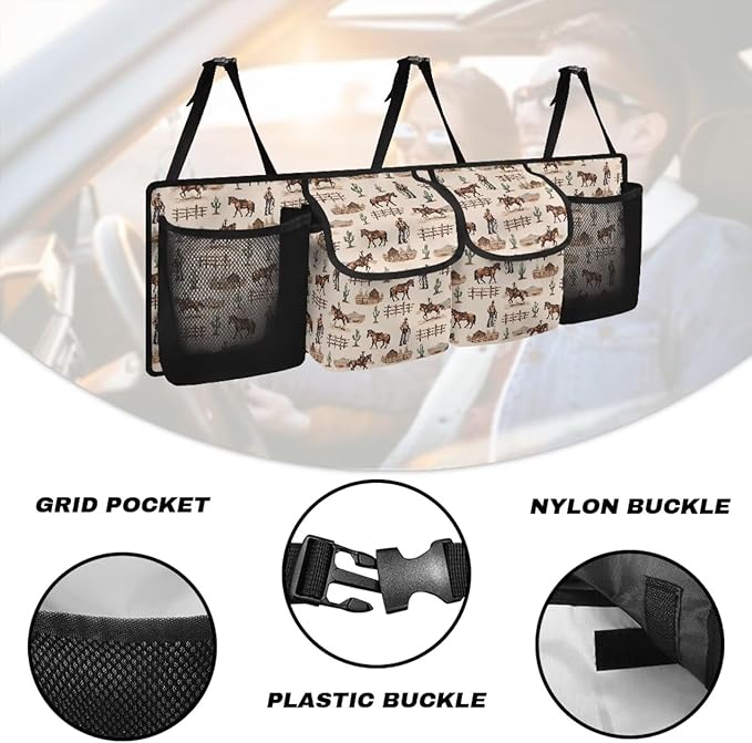 Car Trunk Organizer Hanging Car Organizer Back Seat, Western Cowboy Car Interior Accessories with 2 Pockets & 2 Mesh Pouches for Groceries, Will Provide More Space for SUV, Trucks, Van, Sedan