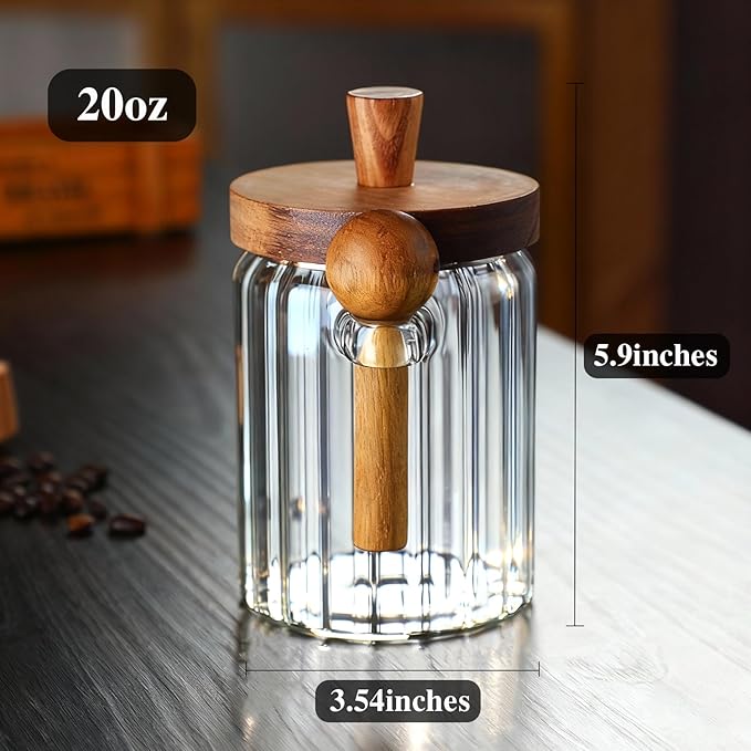 Coffee Canister, Coffee Container with Wooden Spoon and Lid, Ribbed Design, Airtight Storage Jar for Coffee Beans/Coffee Grounds/Sugar/Salt/Loose Leaf Tea, 20 Oz