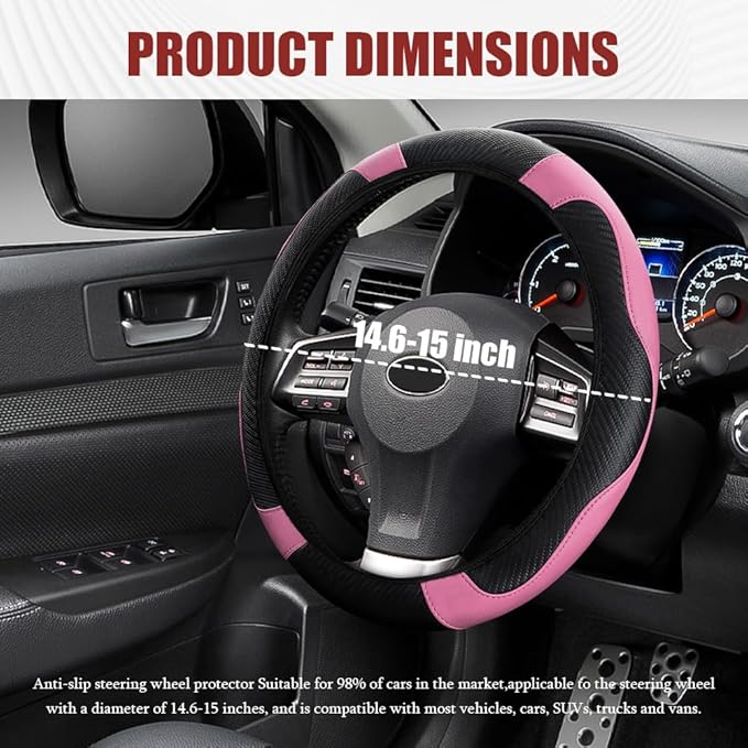 Car Steering Wheel Cover, Steering Wheel Protector, Universal 14.5-15 Inch Microfiber Leather Breathable Auto Steering Wheel Covers, Carbon Fiber Steering Wheel Cover for Women Men (Pink)