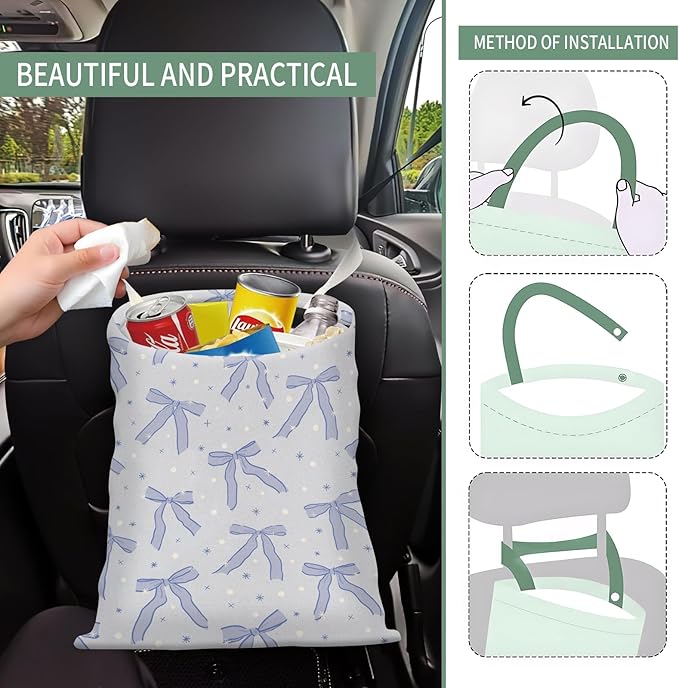 Cute Car Trash Can, Hanging Canvas Car Back Seat Organizer and Storage Bag, Funny Car Trash Bag for Travelling, Outdoor Cute Blue Bow Star