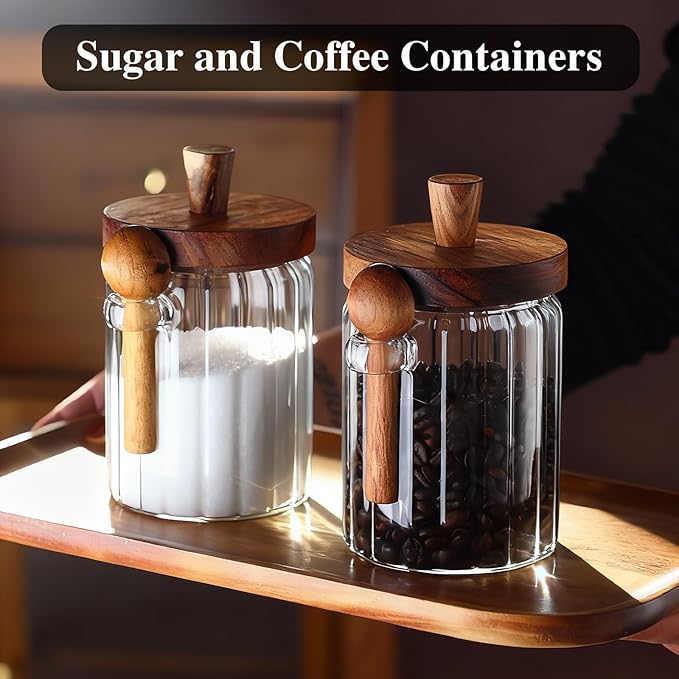 Coffee Canister, Coffee Container with Wooden Spoon and Lid, Ribbed Design, Airtight Storage Jar for Coffee Beans/Coffee Grounds/Sugar/Salt/Loose Leaf Tea, 20 Oz