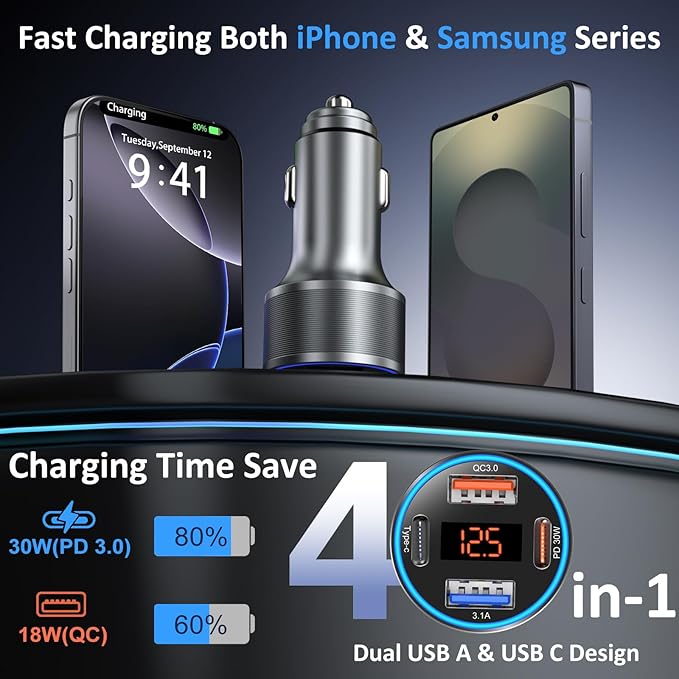 65W 4-Port Super Fast Type C Car Charger USB C for Galaxy S25 S24 S23 Ultra S22 A16 A53 A54 PD/QC3.0 Android Car Phone Charger with Voltage Display Cigarette Lighter Adapter+5FT Type C Coiled Cable