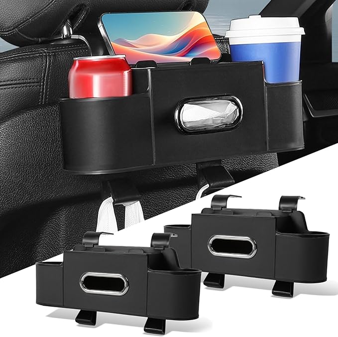 2026 New Car Organizer Back Seat, Car Organizers and Storage Box Behind Seat, 3-in-1 Multifunctional Car Backseat Organizer with Cup Holder & Tissue Box for Hold Phone, Snacks, Drinks, Handbag (C*2)