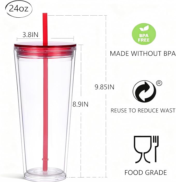 24oz Tumbler with Lid and Straw, Leak Proof and Double Wall Insulated Reusable Plastic Cups,Travel Reusable Iced Coffee Cup (1, Red)