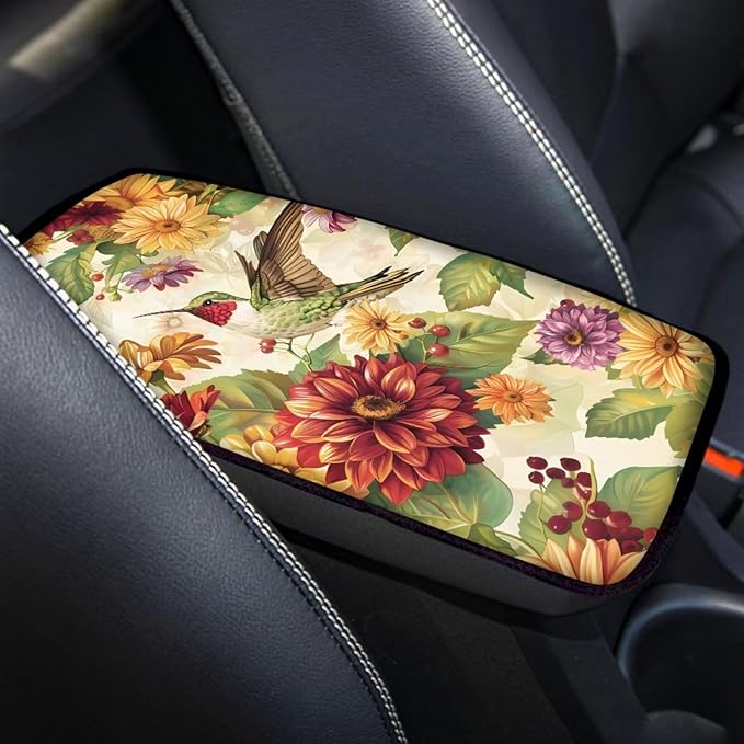 Hummingbird Daisy Print Auto Center Console Cover Arm Rest Cover for SUV Truck,Soft Car Arm Rest Cover Universal Fit