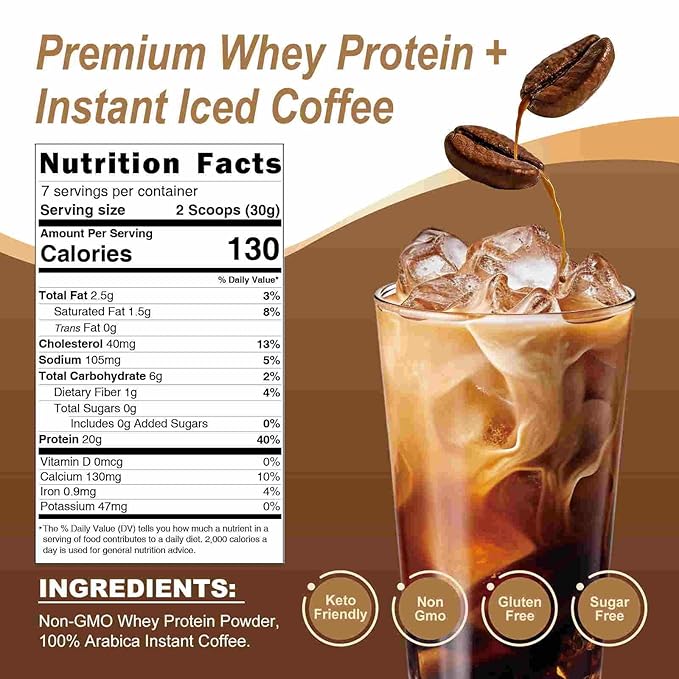 Protein Coffee Powder Premium Whey Protein & 100% Arabica Coffee Keto Friendly Gluten Free Zero Artificial Flavors & Sweeteners 8 Oz