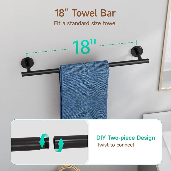 USHOWER Matte Black Bathroom Hardware Set, Modern 18-Inch Towel Bar Set Wall Mounted, Durable SUS304 Stainless Steel Bathroom Accessories Set, 8-Piece