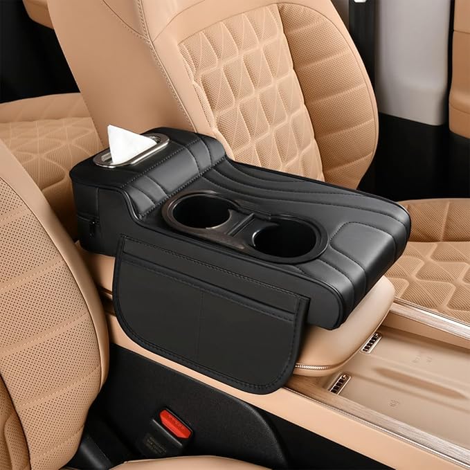 LAFANDE Car Armrest Cushion | Heightening Pad Arm Rest for Car, Center Console Cover with Storage Bags Cup Holder, Tissue Box Slot, Easy to Install and Clean
