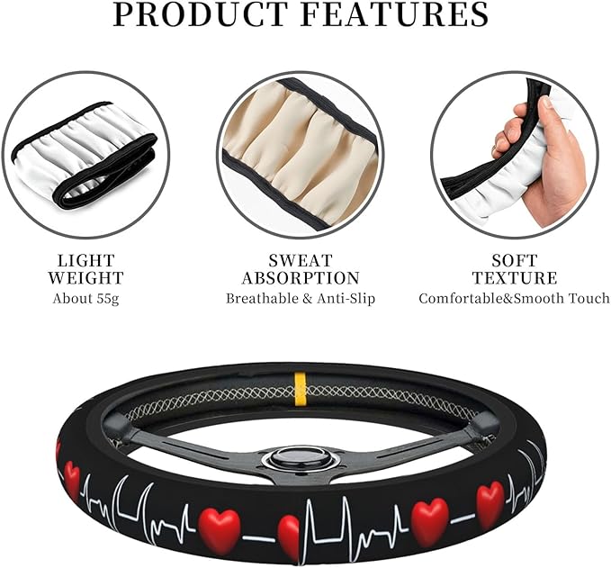 Red-Love-Trace Universal Fit Steering Wheel Cover for Car, Truck, and SUV, Durable Steering Wheel Protection