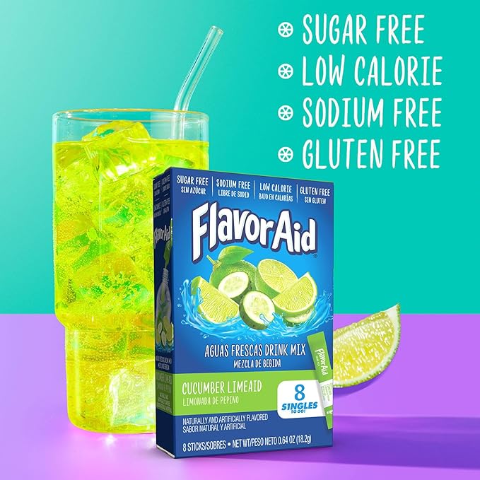 Flavor Aid Singles To Go Powder Packets, Water Drink Mix, Watertok Cucumber Lime, 96 Servings, 8 Count, Pack of 12
