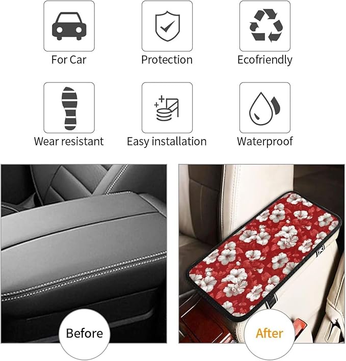 Red Hibiscus Center Console Armrest Cover Tropical Floral Middle Console Covers Seat Box Lid Protective Cover Cushion Pad SUV Van Sedans Truck Accessories Hawaiian Leaf Arm Rest Pads