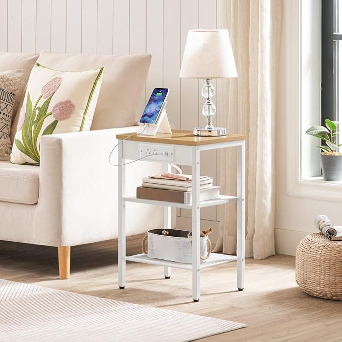 HOOBRO Side Table with Charging Station and USB Ports, Small End Table for Small Space, 3-Tier Nightstand with Adjustable Shelf, for Living Room, Bedroom and Balcony, Natural and White WN112BZ01