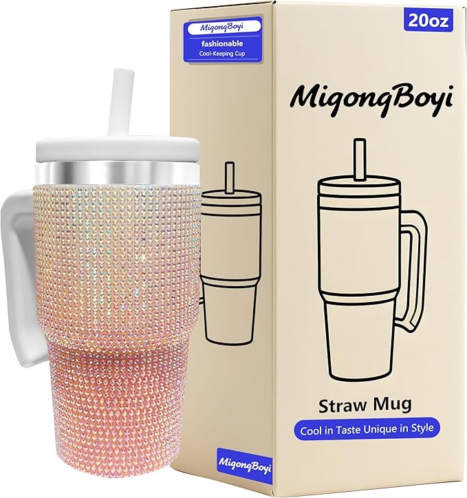 20-OZ Insulated Water Bottle,Insulated Stainless Steel Tumbler,Reusable Cold Drink Thermos,BPA-Free, Double-Wall Stainless Steel Water Bottle (Pink White Gradient-Diamond, 20, Fluid Ounces)