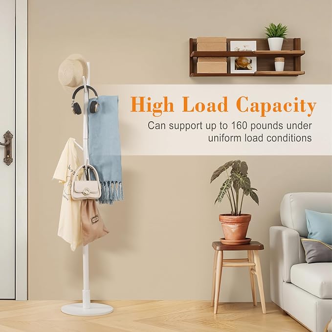 VECELO Coat Rack Freestanding, Entryway Hanger Stand, Umbrella Holder, Hall Tree With Hooks, Floor Standing Tree Stand,White
