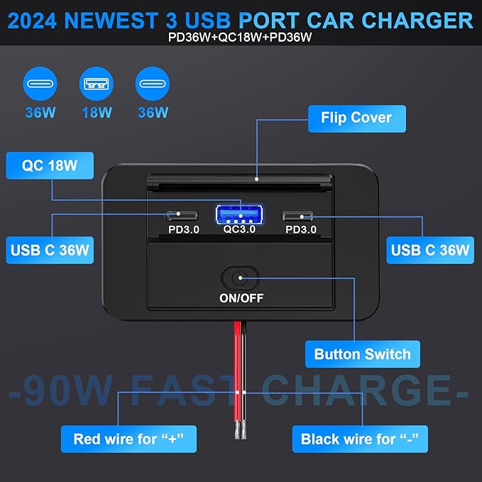 2PCS 3 Ports 12V RV USB Outlet 90W, Dual PD3.0 Type-C Quick Charge 72W & USB QC3.0 18W Panel Wall Mount, Automotive Car Socket Charger Adapter for RV Marine Boat Bus ATV Motorcycle Truck
