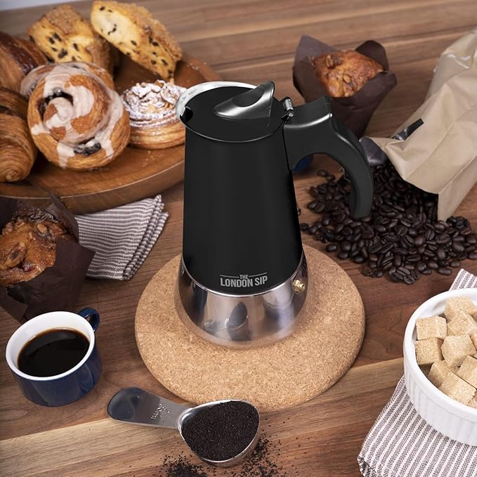 London Sip Stainless Steel Stovetop Espresso Maker Moka Pot Italian Coffee Percolator, Matte Black, 3 Cup