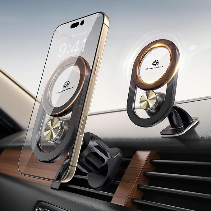 GolbinBox for Magsafe Car Mount, [17*N55 Strong Magnets] 2-in-1 Magnetic Car Phone Holder for Air Vent or Dashboard, 360° Rotation Car Accessories for Women Men for iPhone 17 16 15 14 Pro Max Samsung