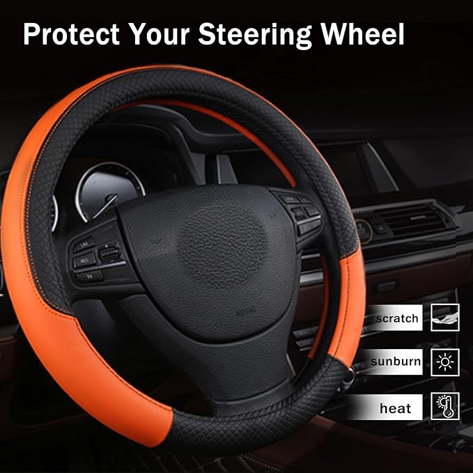 Steering Wheel Cover for Jeep Grand Cherokee 2025 2022-2024, Leather Easy Installation Car Interior Accessories Breathable Auto Protector Non Slip Grip,Orange