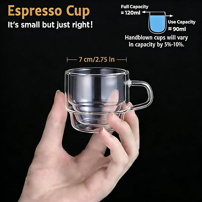 glastal Stackable Glass Cups 4 oz Espresso Glasses Double Walled Espresso Cups Glass Set of 2, 120ml Coffee Glasses Tea Glasses Espresso Cups Set for Tea, Milk, Gifts for Women Man - German Quality