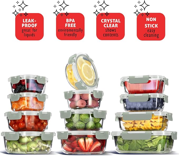 Nestl 24pc Glass Storage Containers with Lids, 12 Glass Food Storage Containers with 12 Airtight Lids for Pantry & Kitchen, Meal Prep Containers for Lunch, Oven Microwave & Dishwasher Safe, Sage Green