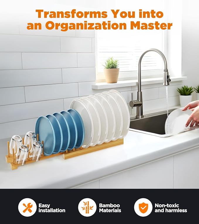 Dish Rack, Flexible Bamboo Dish Drying Rack Pot Lid Plate Stand Holder Adjustable Vertical Organizer Storage for Kitchen Cabinet Dish, Pot Lid, Bowl, Cup