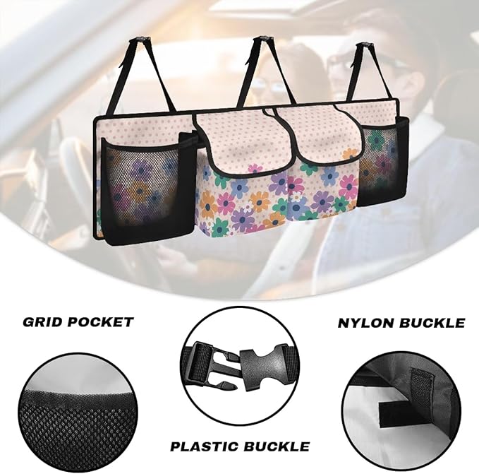 Floral Car Trunk Organizer and Storage with Adjustable Straps, Backseat Hanging Organizer for SUV, Truck, MPV, Waterproof Cargo Storage Bag Car Interior Accessories for Women and Men