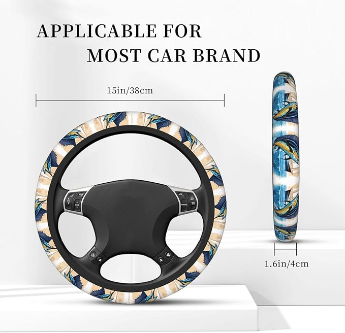 Beautiful Blue Marlin Pattern Car Steering Wheel Cover, 15 Inch Steering Wheel Cover Stylish Decor for Most Cars