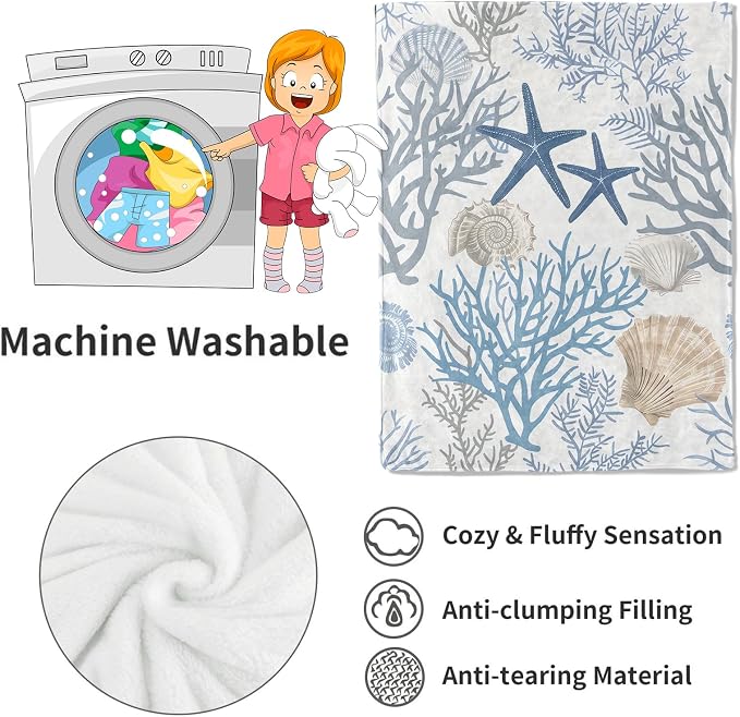 Nautical Coastal Blanket,Ocean Beach Seashell Starfish Throw Blankets,Gifts for Kids & Marine Life Lovers,Lightweight Soft Fleece,for Picnic Sofa Couch Bed Room Travel,Birthday Decor,40x50in