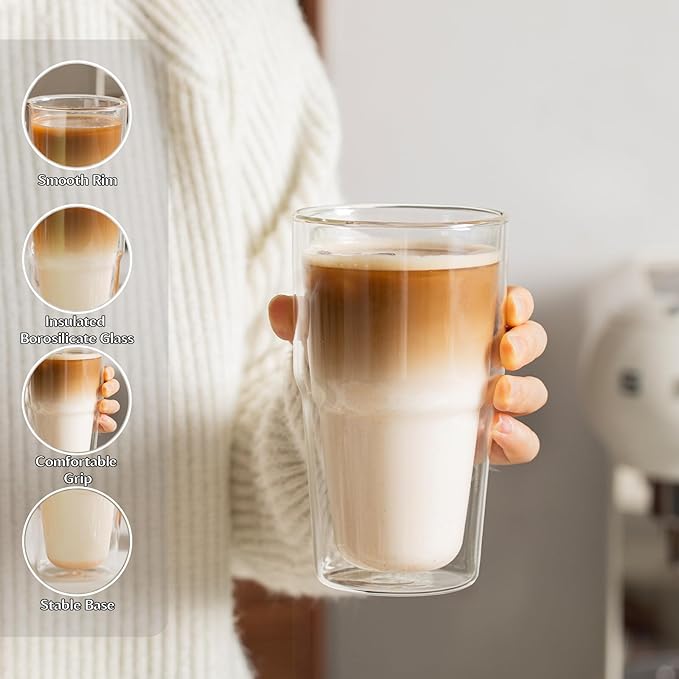 INSETLAN 16oz Double Wall Glass Cups Set of 2 – Borosilicate Glass Tumblers, Clear Insulated Glass Coffee Cups for Cappuccino, Latte, Espresso and Tea, Hot & Cold Resistant
