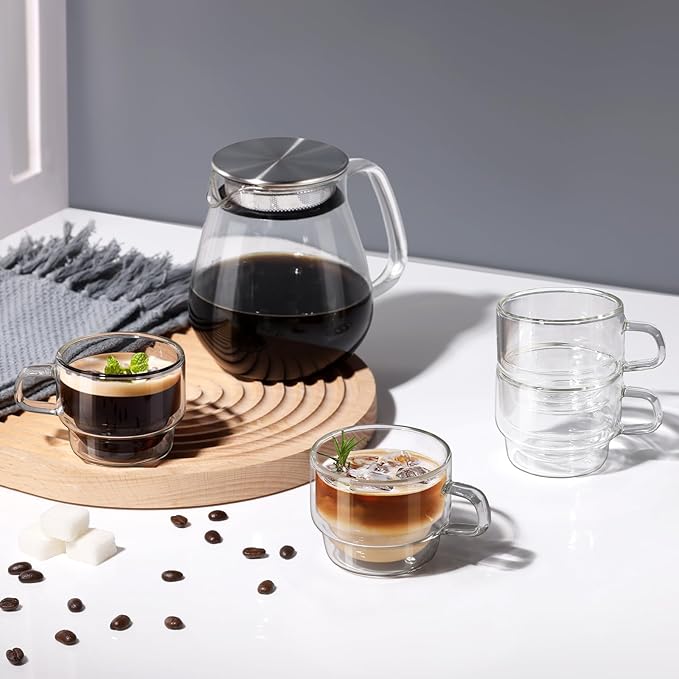glastal Stackable Glass Cups 4 oz Espresso Glasses Double Walled Espresso Cups Glass Set of 2, 120ml Coffee Glasses Tea Glasses Espresso Cups Set for Tea, Milk, Gifts for Women Man - German Quality