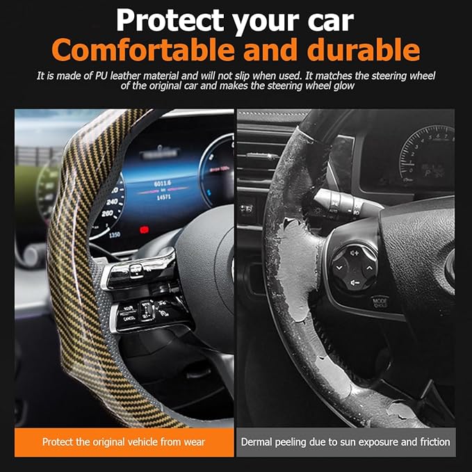 Carbon Fiber Car Steering Wheel Cover, Leather Non-Slip Vehicle Steering Wheel Cover for 14.5-15 Inch, Comfortable Auto Interior Protector Decoration Accessories, Universal Fit(Gold)