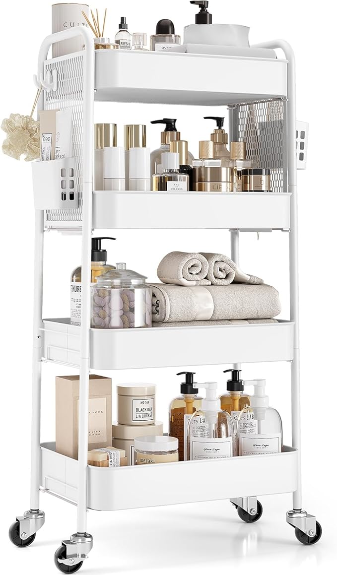 TOOLF 4 Tier Rolling Cart with Pegboard, Metal Storage Organizer Cart with Wheels, Hooks & Bins Esthetician Craft Art Sturdy Storage for Bathroom, Kitchen, Office, Nursery Diaper