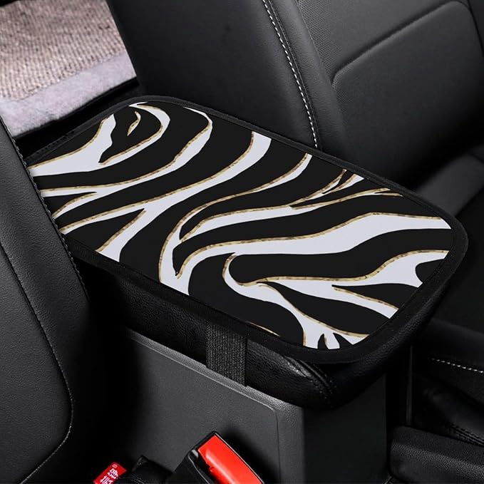Black Gold Zebra White Animal Print Car Center Console Cushion Pad,Waterproof Armrest Seat Box Cover Protector,Comfortable Car Decor Accessories Fit for Most Cars, Vehicles, SUVs