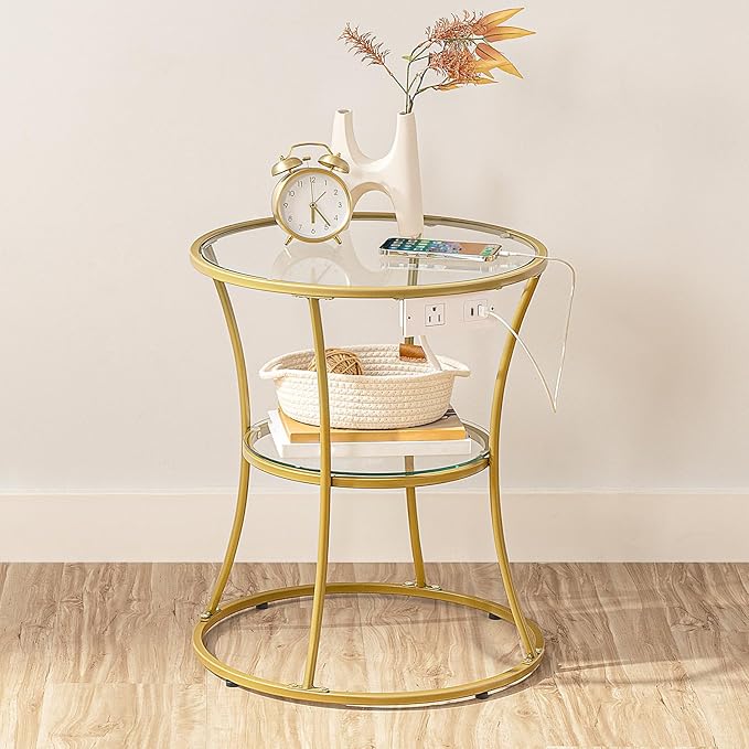 HOOBRO Round Coffee End Table with Charging Station, 2-Tier Small Accent Side Table with Glass Tabletop, Round Nightstand for Small Space in Living Room, Bedroom, Gold GD83UBZ01