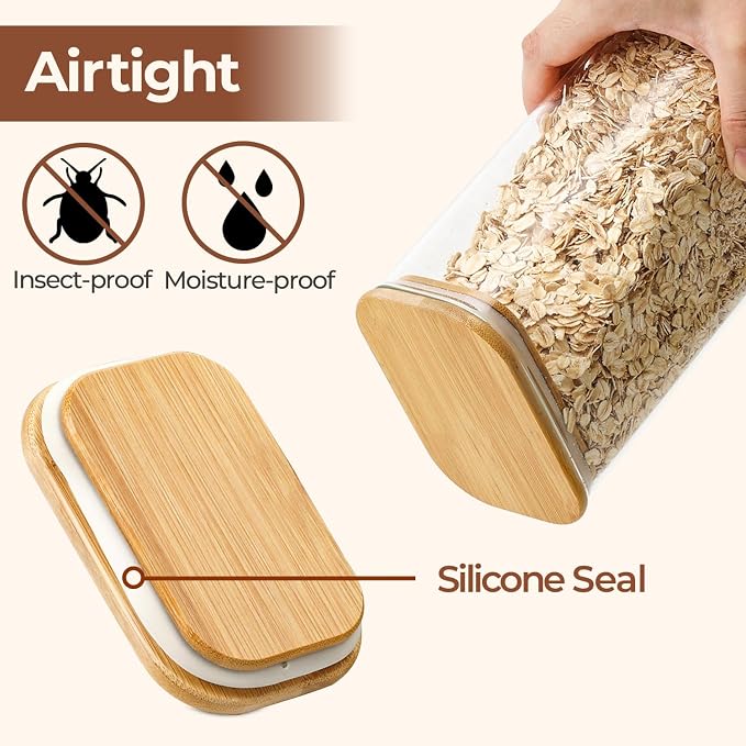 ComSaf 1.8Qt Rectangular Glass Food Storage Containers with Lids, 3-Piece Airtight Cereal Containers Storage, Glass Jars with Bamboo Lids, Space Saving Pantry Organizers for Flour, Pasta, Nut & Coffee