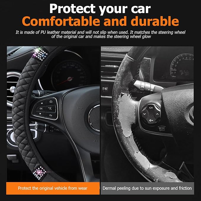 Bling Car Steering Wheel Cover, 15 Inch Crystal Rhinestone Elastic Stretch Leather Steering Wheel Protector, Vehicle Decor Accessories for Women Girls, Universal for RV, SUV, Truck (Black)