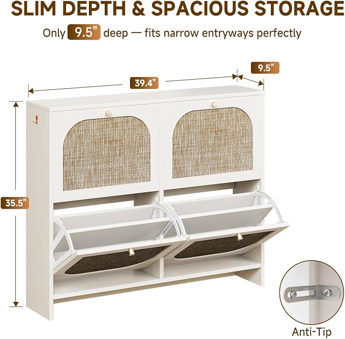 Nicetree Shoe Storage Cabinet for Entryway, 9.5" Ultra Slim White Hidden Shoe Rack with 4 Flip Drawers, Boho Teslin Woven Shoe Organizer for Men's Size 13.5 Boots