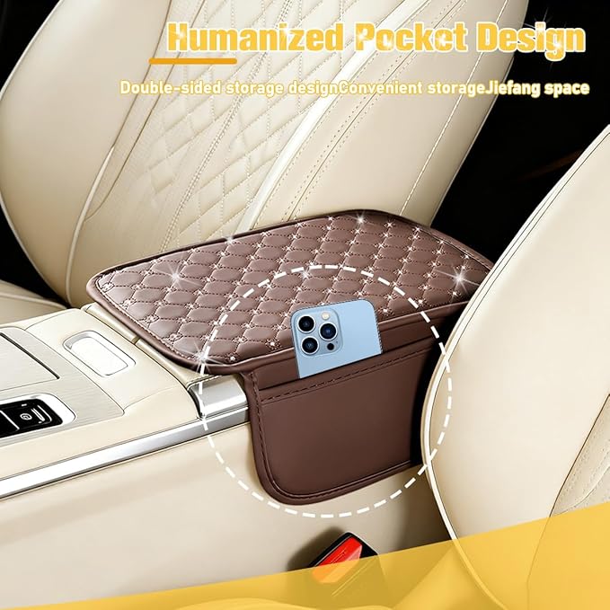 Car Center Console Cover, Leather Vehicle Armrest Storage Box Protector with 2 Storage Bags, Automotive Interior Middle Console Cushion Pad, Universal for SUV Sedan Truck (Coffee)