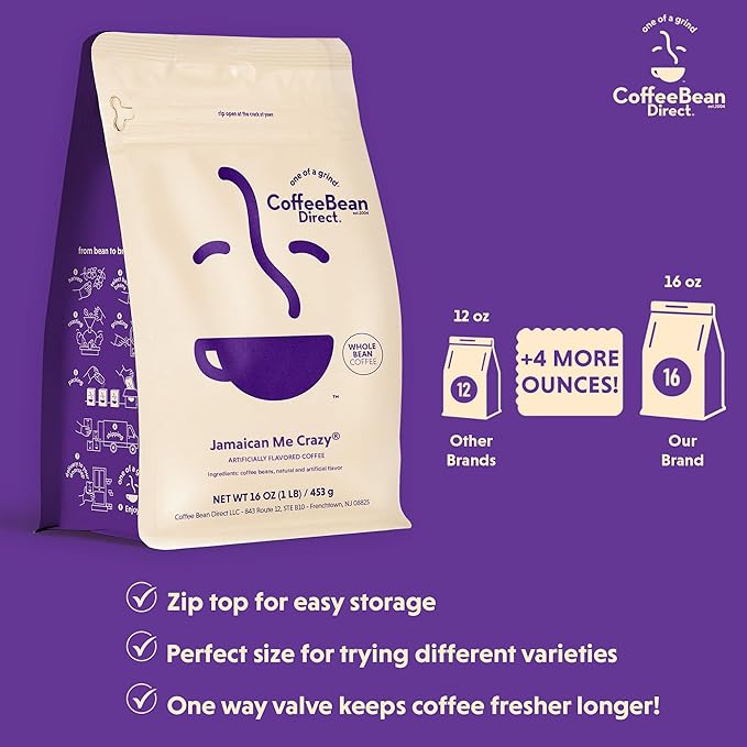 Coffee Bean Direct Jamaican Me Crazy® Flavored, Whole Bean Coffee, Vanilla Caramel Crème, Light Roast, 1 Pound Bag (Pack of 1)