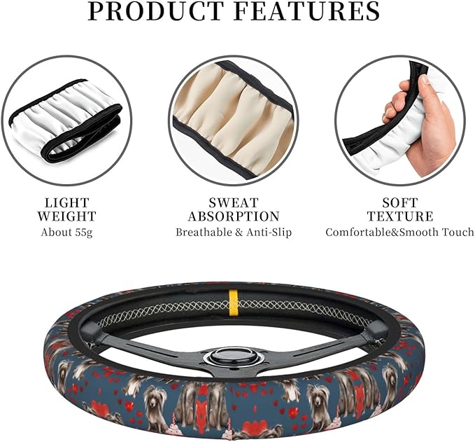 Crested Dog Valentines Cupcakes Neoprene Steering Wheel Covers Women Men Car Accessories, Universal 15 Inch Fit Auto, Suvs, Truck