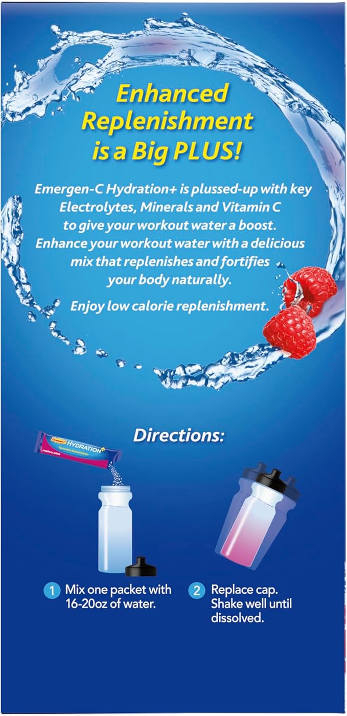 Emergen-C Hydration+ Sports Drink Mix With Vitamin C (18 Count, Raspberry Flavor), Electrolyte Replenishment, 0.33 Ounce Powder Packets