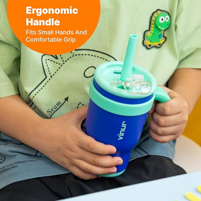 VINUR Kids Insulated Tumbler with Handle 14 oz Stainless Steel Double Wall Vacuum Travel Water Drink Cup with Lid and Straw (Navy)